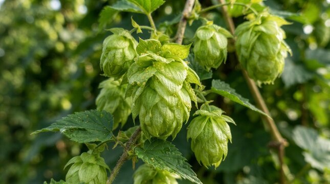 Green hop cones clustered on vine in agricultural field