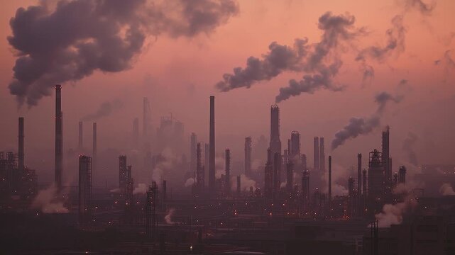 巨大工場から排出される濃い黒煙とスモッグ 温室効果ガスや公害を表現した産業イメージ