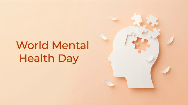 A conceptual illustration featuring a human head silhouette made of puzzle pieces for world halth day to raise awareness about mental wellness support