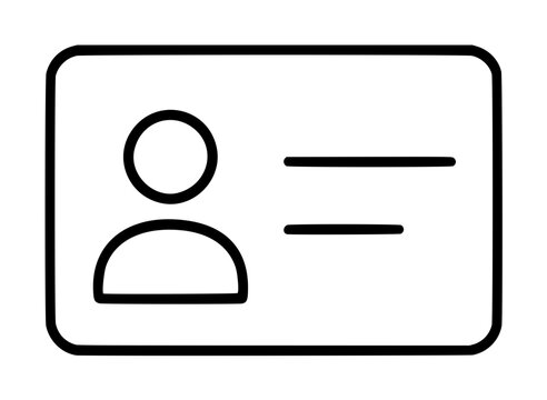 Minimal hand-traced vector icon of a rounded contact card, featuring a circular profile portrait, name lines, and a bold black outline on white