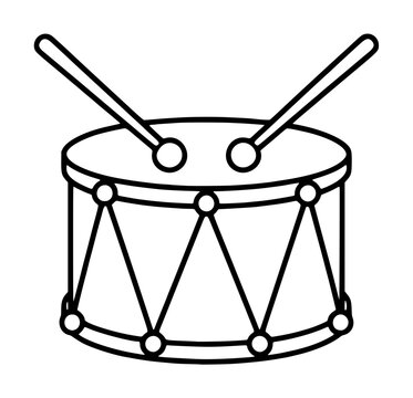 Hand-traced black and white line vector illustration of a classic snare drum with two crossed drumsticks, featuring detailed lacing and tension rods on a clean transparent background
