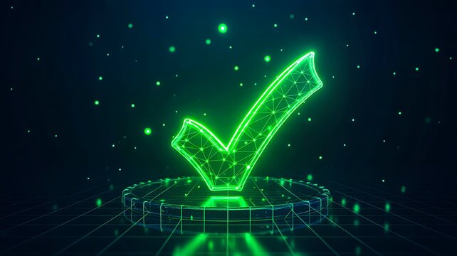 Glowing green check mark on digital grid representing approval and success