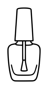 Hand-traced black outline vector icon illustration of a classic nail polish bottle with cap and brush applicator, minimalist line art design on white background, beauty and cosmetics graphic