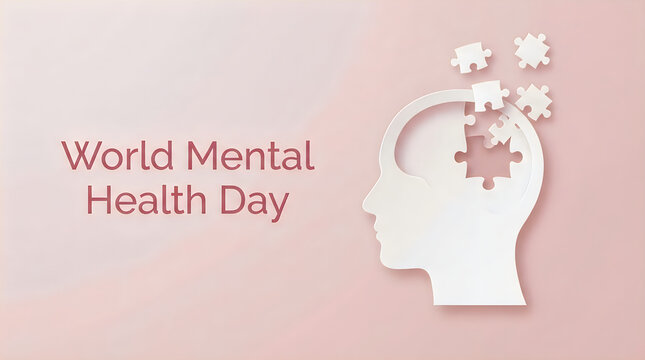 A conceptual illustration for world halth day featuring a human head silhouette with puzzle pieces representing mental wellness and psychological support for everyone today