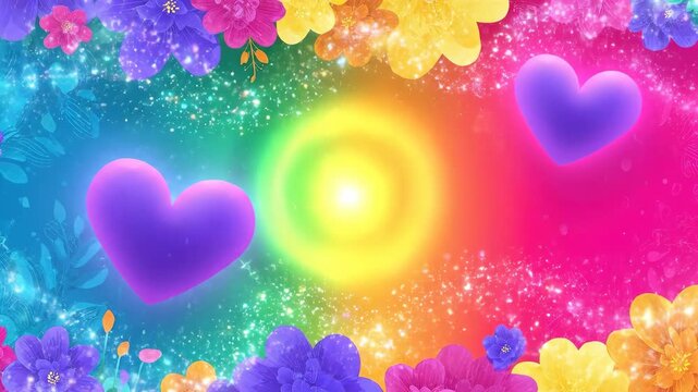 Colorful heart shapes floating on rainbow flower background