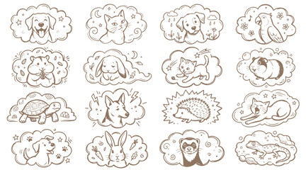 Obraz premium Hand drawn pet doodle set with cute animals in speech bubbles for creative design projects.