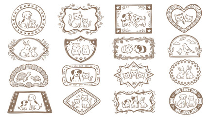Fototapeta premium Hand drawn pet doodle frames collection with cute animals in various decorative borders