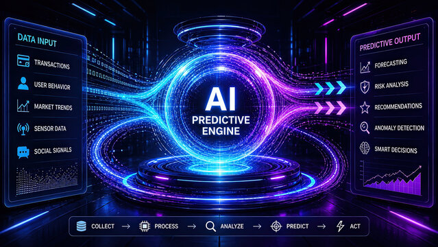 Predictive business engine powers intelligent analytics with glowing blue technology interface, forecasting and automated decision support