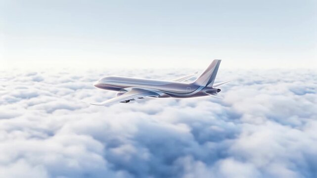 Modern Passenger Jet Cruising Above Endless Cloud Layer in Serene Sky with Cinematic Smooth Motion and Travel Concept
