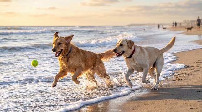 Two happy dogs playing with a ball running along the sandy ocean beach on a sunny summer day