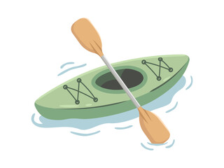 Green recreational kayak with wooden paddles floating on water illustration © mupppid