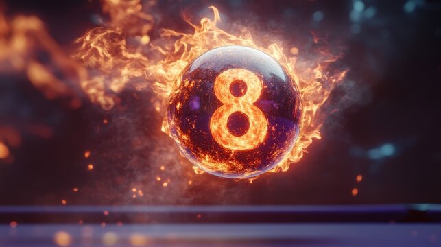 A glowing glass orb containing the number eight engulfed in intense orange flames