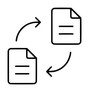 Hand traced black line vector icon illustration depicting two document file papers with curved directional arrows showing file transfer synchronization exchange movement between pages on white