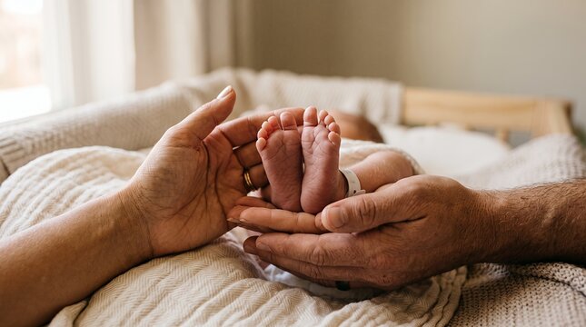 Parents gently holding their newborn babys tiny feet