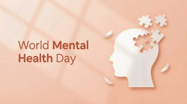 A conceptual illustration for world halth day featuring a human head silhouette with puzzle pieces representing psychological awareness and emotional well being for everyone