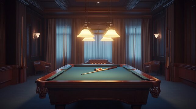 A green felt pool table centered in a dimly lit, luxurious wooden game room
