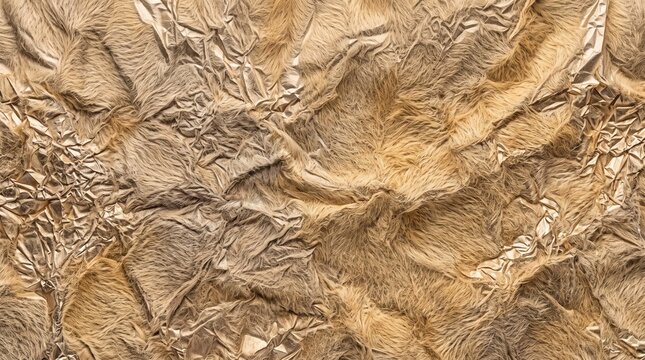 crinkled furry aluminum foil texture in warm gold and beige tones