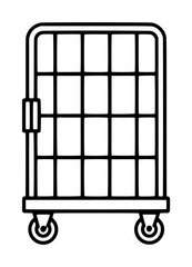 Hand-traced vector icon illustration of a metal roll cage trolley cart with grid panels and four caster wheels, industrial storage and transport equipment line art © MST