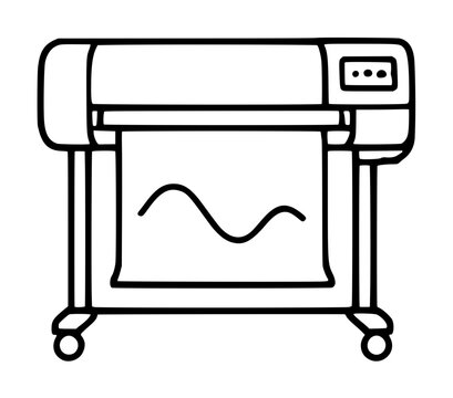 Large format plotter printer hand-traced vector icon illustration depicting wide-format printing equipment with a continuous paper roll outputting a printed wave design graphic on wheels in clean