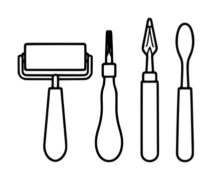 Black line vector illustration set of printmaking tools featuring ink brayer roller, gouge chisel, etching needle, and wooden spoon handle for craft design