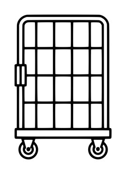 Hand-traced vector icon illustration of a metal roll cage trolley cart with grid panels and four caster wheels, industrial storage and transport equipment line art