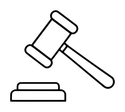 Minimalist hand-traced vector icon of a classic wooden gavel and striking block, outlined illustration in black and white, perfect for legal symbols, auction signs, courtroom graphics, and judging