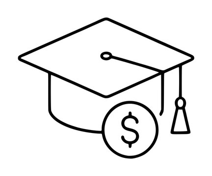 Minimalist black line vector icon illustration of a graduation cap with a coin symbol overlapping, representing education funding, scholarships, financial aid, or tuition payment concepts in a clean