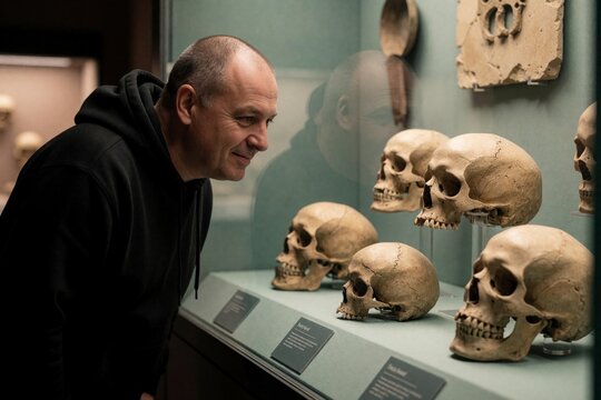 Middle aged man examines human skulls in museum exhibition. Caucasian male visitor explores ancient bones, prehistoric anatomy in science center. Person studies skeletal remains behind glass case for