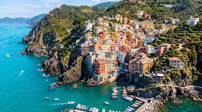 Colorful Riomaggiore Village on the Italian Riviera Coastline