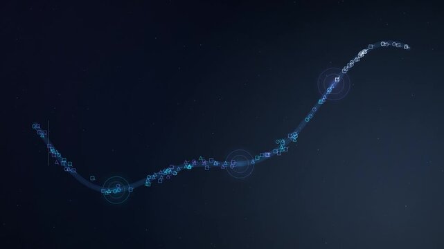 Abstract digital data path with geometric shapes and glowing nodes