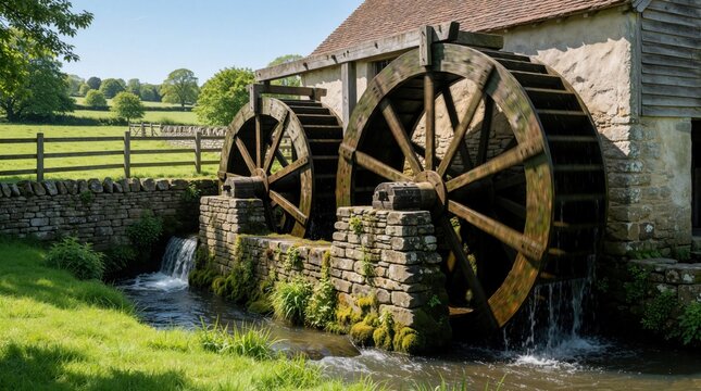 Historic wooden watermill with large wheels operating in green countryside. Old rustic mill uses water power for mechanical tasks. Scenic rural landscape features stone walls, flowing river, grass,