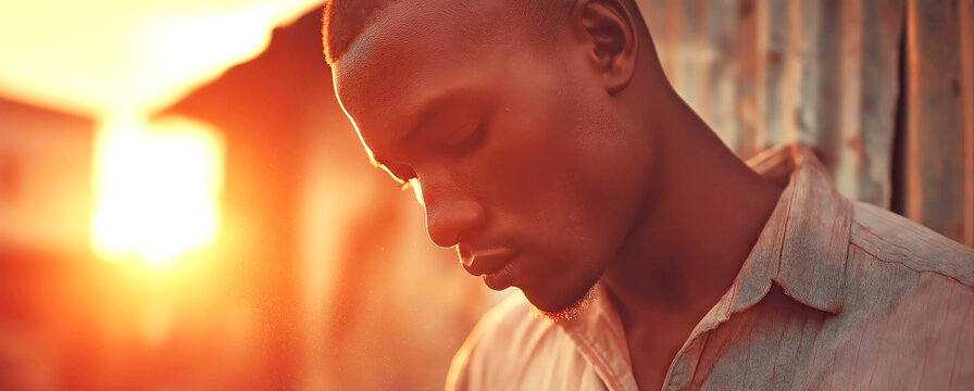 Contemplative Young Man in Warm Golden Sunset Light