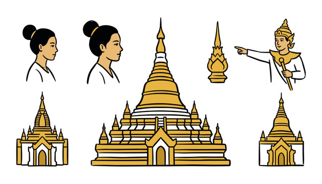 Myanmar Shwedagon Pagoda Landmark Vector Icon Set Featuring Traditional Buddhist Temple Stupas, Burmese People Profiles, and Culture Symbols for Travel Guide Graphic Designs
