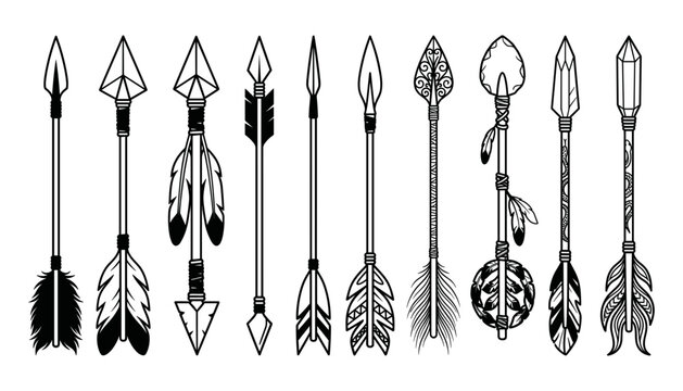 Boho Tribal Arrow Vector Set Featuring Ethnic Native American Style Arrows with Ornamental Feathers and Geometric Elements for Tattoos, Prints, and Decorative Graphic Designs