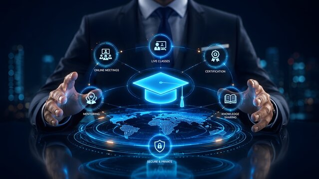 Professional online education and global certification system concept with glowing digital graduation cap and virtual learning icons.