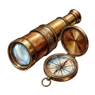Vintage Brass Spyglass and Antique Compass Watercolor Illustration Clipart