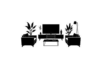 Fototapeta premium Minimalist living room with flat-screen tv, side tables, and indoor plants on transparent background