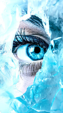 Blue Eye Emerging Through Cracked Ice in Frozen Conceptual Macro