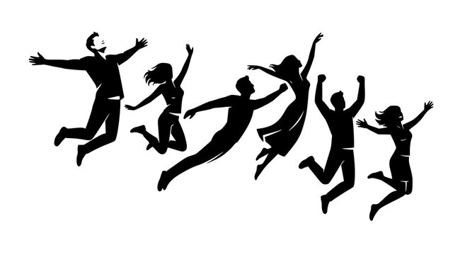 Black silhouette free people jumping and soaring in air freedom concept vector
