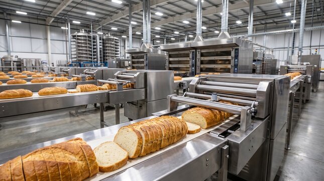 Fresh bread loaves moving on a metal conveyor belt inside a large automated industrial bakery food factory line
