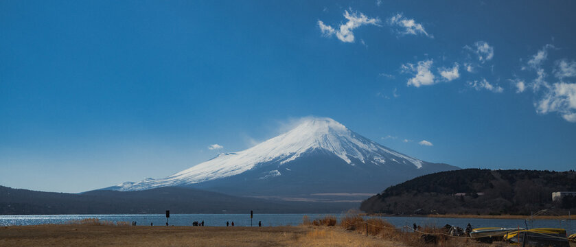 Mount Fuji  with clear sky from lake Yamanaka,Yamanashi, Japan.