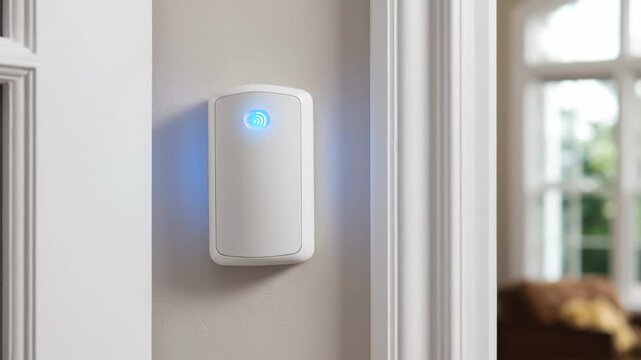 Home security motion sensor detecting presence inside modern house