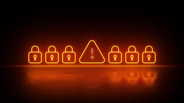 Neon glowing Cyber Attack warning video animation. Neon lighting warning alert and cyber lock symbol. Security breach, data hacking threat. Neon glowing Cybersecurity breach warning animation.