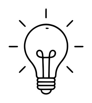 Hand traced vector icon of a glowing light bulb with radiating rays on white background, symbolizing bright ideas, inspiration, innovation, and creative thinking in minimalist line art illustration