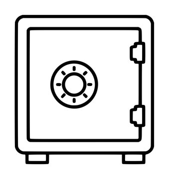 Hand drawn vector icon illustration of a black outlined security safe with combination dial lock, hinges, and feet, minimalist line art style on white background, office and finance concept