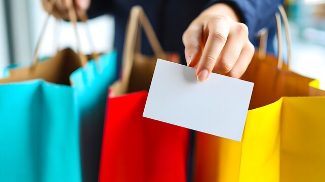 Hand holding blank business card above colorful shopping bags for retail marketing