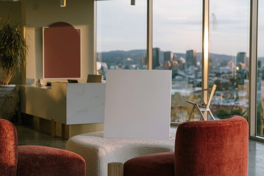 Blank white poster mockup in a modern office lounge with velvet chairs and a soft city skyline view for corporate branding and interior design
