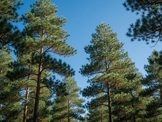 Fototapeta premium Tall pine trees grow in green conifer forest under bright blue sky. Sunlight hits needles of evergreen trees in wild woodland area. View from below shows spruce, fir branches reaching up towards