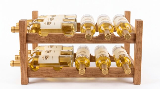 Multiple bottles of white wine arranged carefully within a sturdy wooden rack designed for elegant home storage on white background