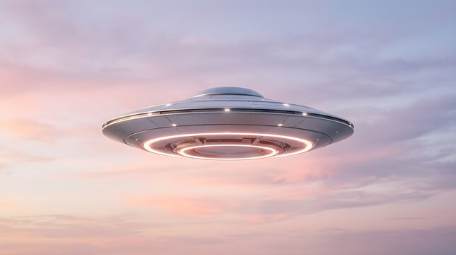 Close-Up of Metallic UFO Hovering in Pastel Dusk Sky